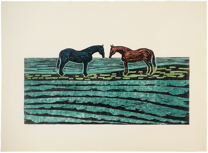犬童徹　木版画「海辺の馬」
