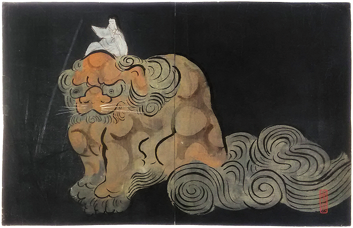 鏑木清方　木版画「獅子と童子図」