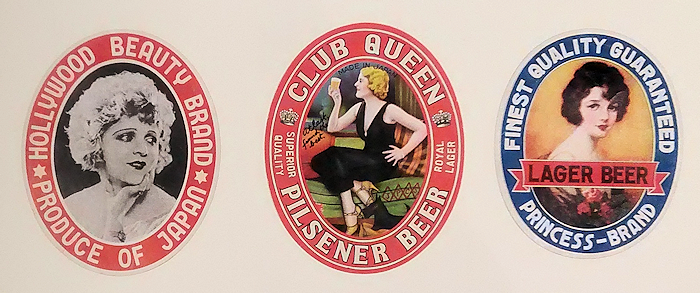 輸出用ラベル「Hollywood Beauty Brand Produce of Japan」「Club Queen Pilsener Beer」「Finest Quality Guaranteed Princess-Brand Lager Beer」　3枚セット